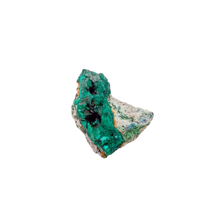Raw dioptase crystal specimen from the Republic of the Congo, deep emerald-green druzy on matrix, specimen 16, view 2