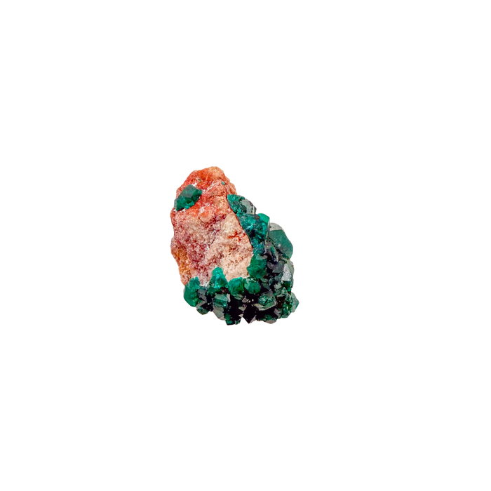 Raw dioptase crystal specimen from the Republic of the Congo, deep emerald-green druzy on matrix, specimen 17, view 1