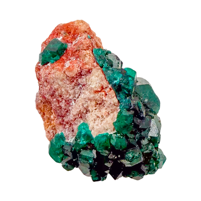 Raw dioptase crystal specimen from the Republic of the Congo, deep emerald-green druzy on matrix, specimen 17, view 1