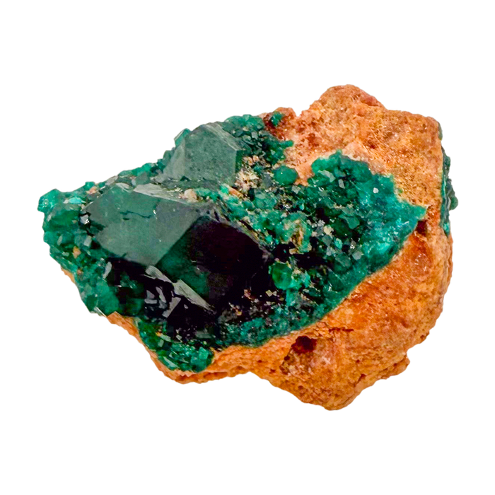 Raw dioptase crystal specimen from the Republic of the Congo, deep emerald-green druzy on matrix, specimen 20, view 1