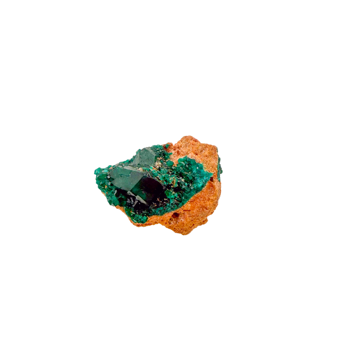 Raw dioptase crystal specimen from the Republic of the Congo, deep emerald-green druzy on matrix, specimen 20, view 1