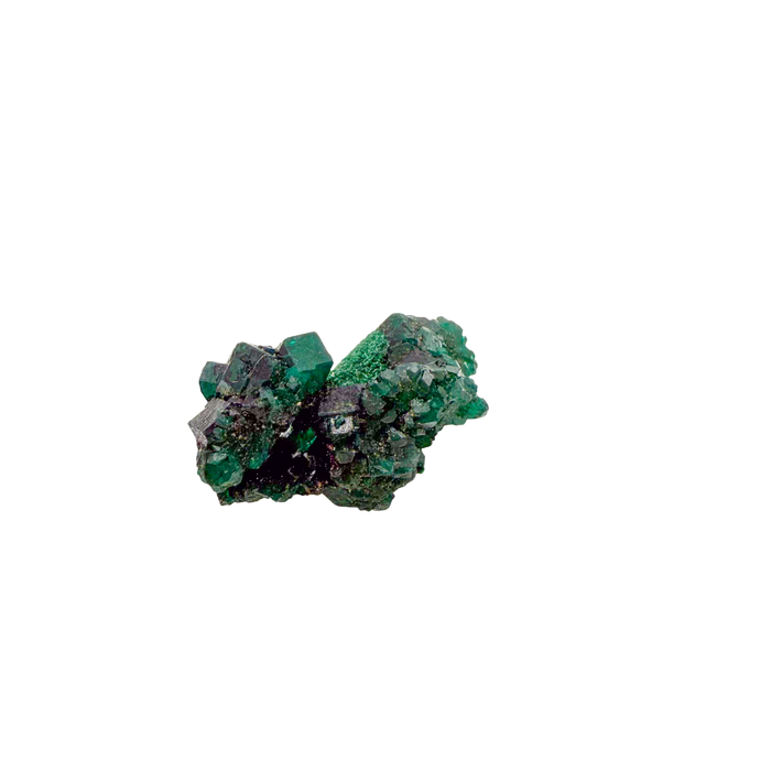 Raw dioptase crystal specimen from the Republic of the Congo, deep emerald-green druzy on matrix, specimen 7, view 4