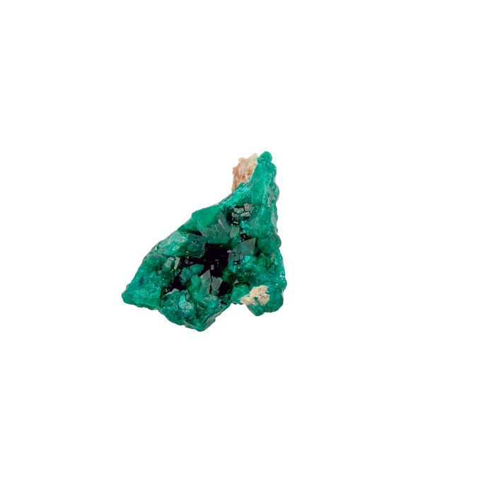 Raw dioptase crystal specimen from the Republic of the Congo, deep emerald-green druzy on matrix, specimen 9, view 1