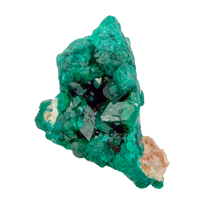 Raw dioptase crystal specimen from the Republic of the Congo, deep emerald-green druzy on matrix, specimen 9, view 2