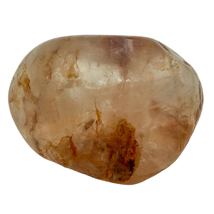 Fire Quartz Tumbled Stones, AA Grade, Madagascar: one tumbled stone on a white background, peach tinted quartz with orange and brown hematite inclusions