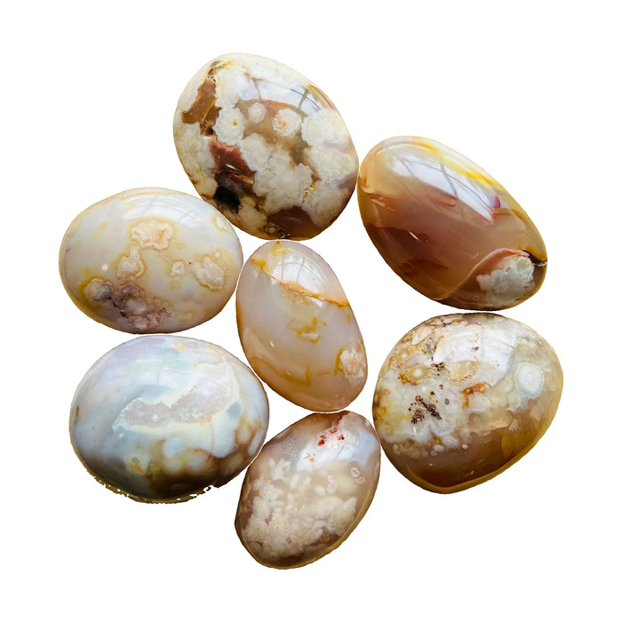 Flower Agate Palm Stones for Emotional Healing, Grounding & Love — pink smooth polished, AA from Madagascar