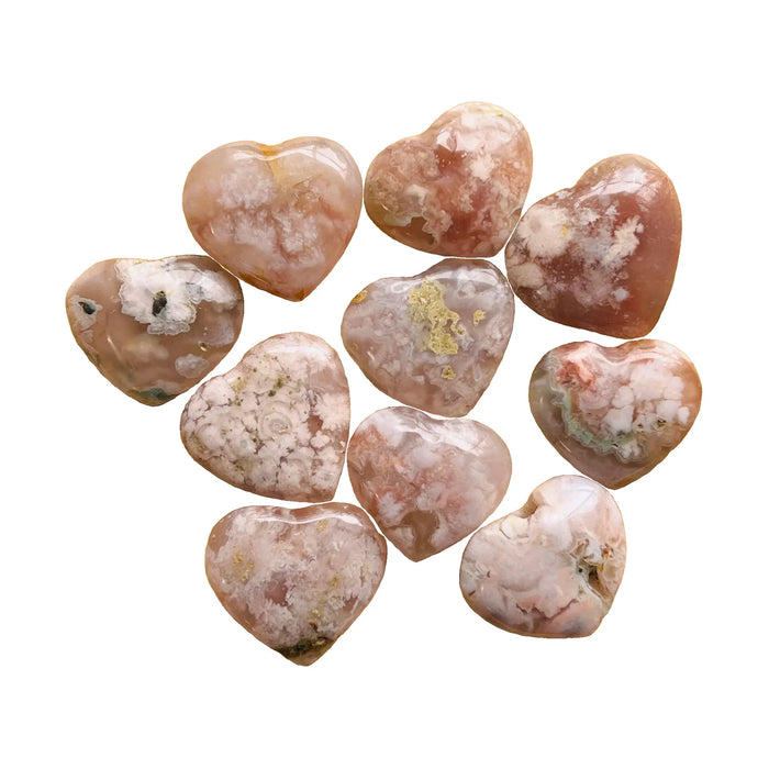 Flower Agate Crystal Hearts to support Emotional Healing, Grounding & Love — pink polished, AA grade Madagascar-sourced
