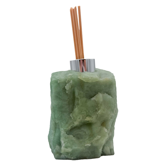 Green aventurine reed oil diffuser from Brazil, sage green stone block with chrome collar and reeds