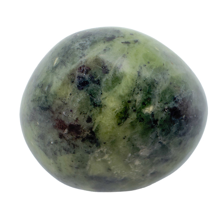 Green Jade Hand Polished Stones, A Grade, Peru: one polished stone on a white background, mottled light and dark green with gray and dark red patches