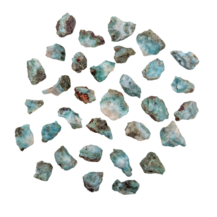 Larimar raw stones scattered flat lay, A grade sea blue rough from Barahona Province Dominican Republic, 0.5 to 1 inch