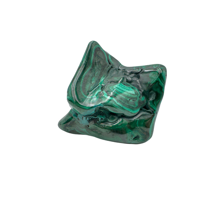 AA-grade malachite specimen from Haut-Katanga, Democratic Republic of the Congo, angled to show green banding wrapping around its full, rounded form.