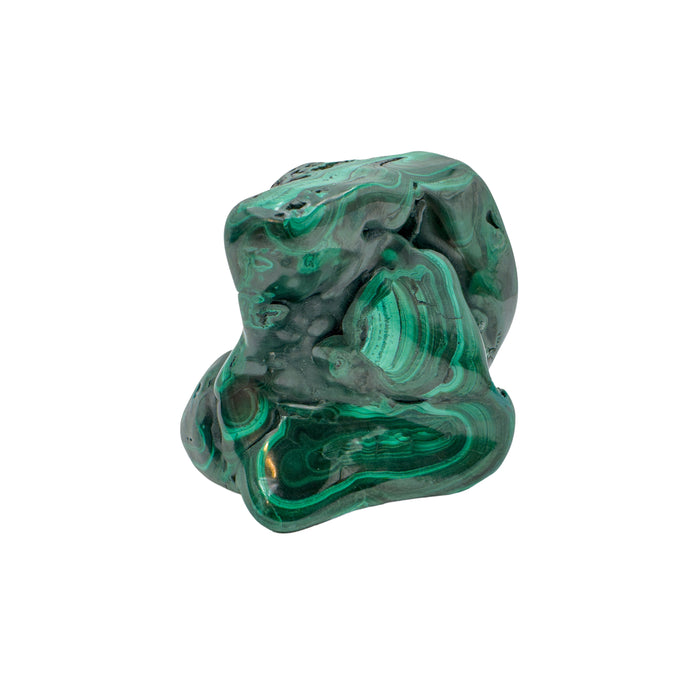 Compact angled view of the malachite specimen, showing tight rings of banding across its rounded faces.