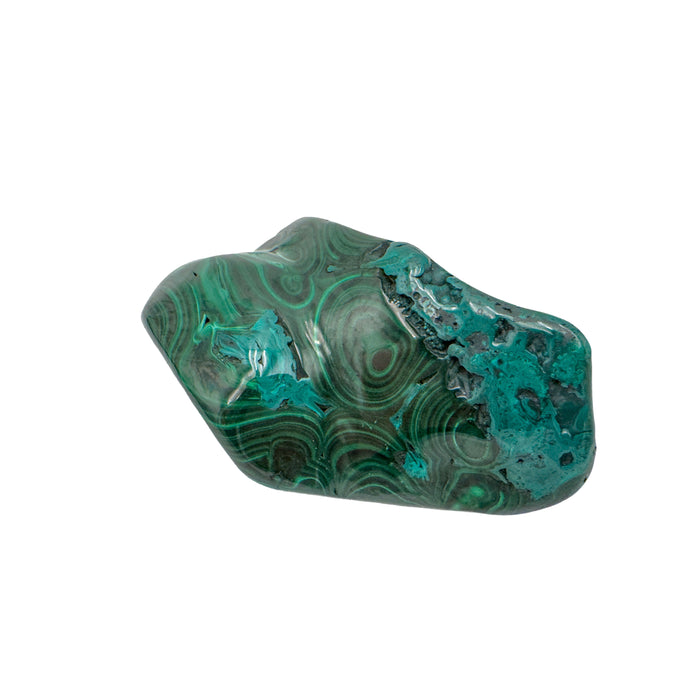 AA-grade malachite specimen from Haut-Katanga, Democratic Republic of the Congo, shown at an angle with a raw, unpolished patch left along the top edge.