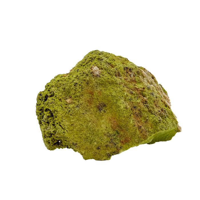 Primary display face of a 324 gram nontronite specimen, no. 22, its rounded olive-green growths covering weathered host rock.