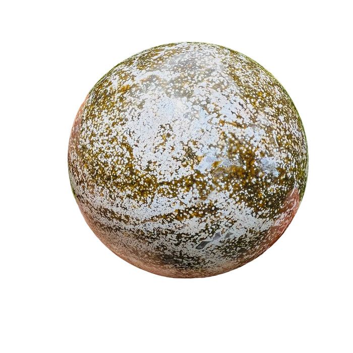 Open-palm view of Ocean Jasper stone, shown for shape and scale.