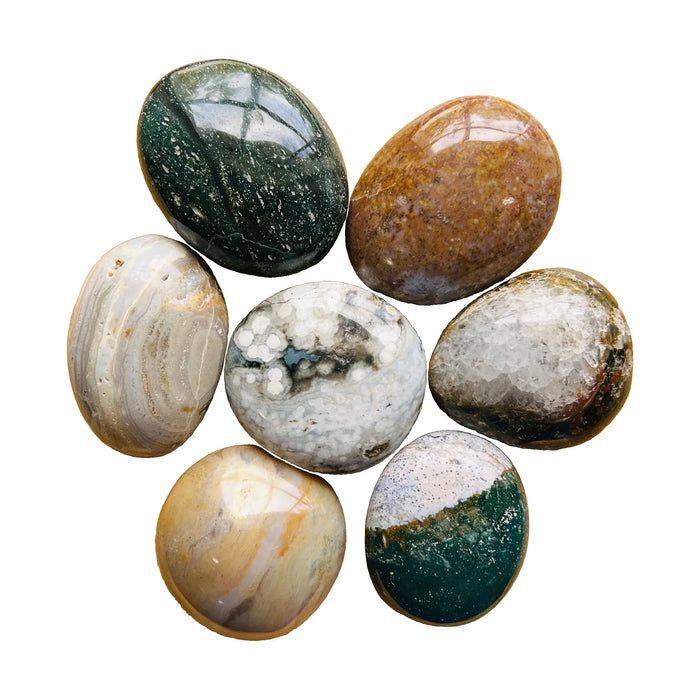 Ocean Jasper Palm Stones to support Emotional Healing, Love & Stress Relief — green smooth polished, AA directly from Madagascar