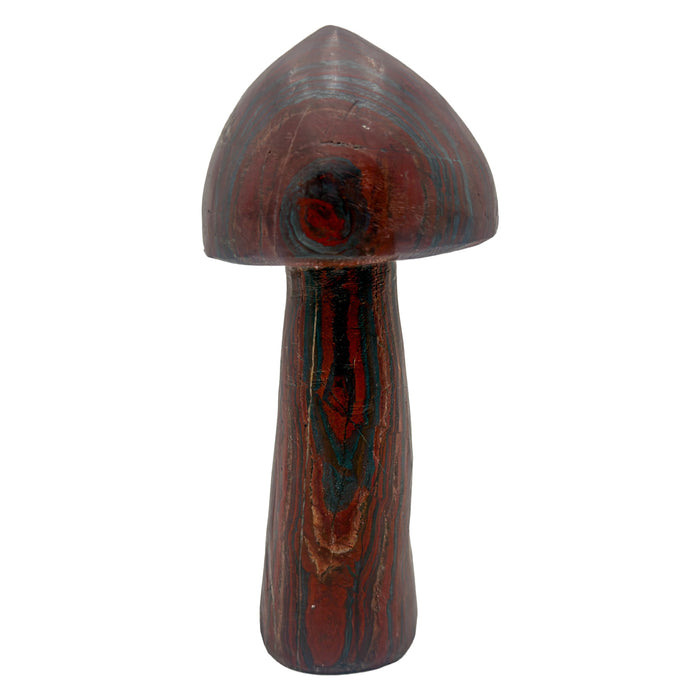 Tiger iron crystal mushroom carved in Zimbabwe from South African stone, front view, red and gold banding, 7.31 inches tall.