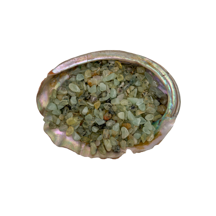 Grade A prehnite crystal chips in a bowl, sourced from Namibia
