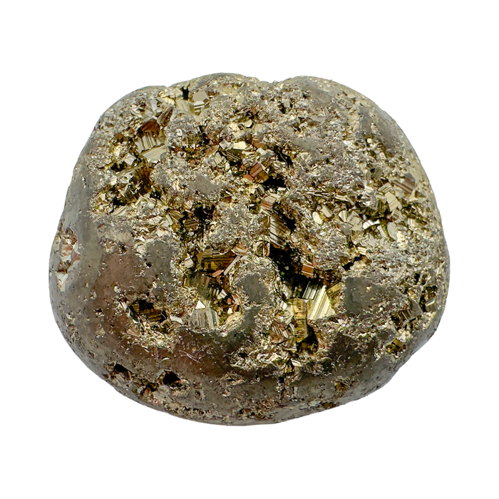 Top view of Pyrite tumbled stone showing metallic luster