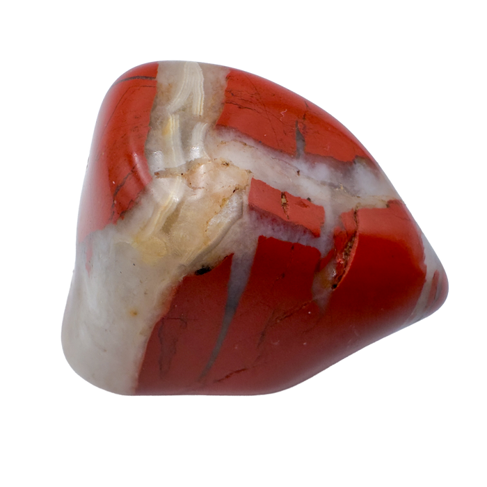 Detail view of AA Grade Red Jasper tumbled stone with white banding, from Northern Cape, South Africa