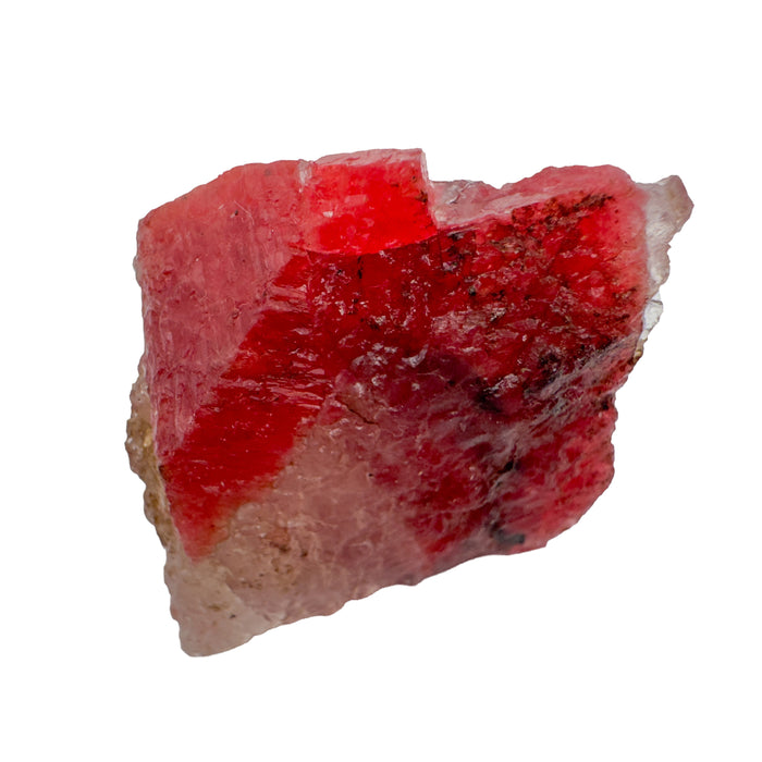 Rhodonite Raw Stones, AA Grade, Zimbabwe: one raw piece on a white background, strawberry red with a pale translucent band and a few dark specks