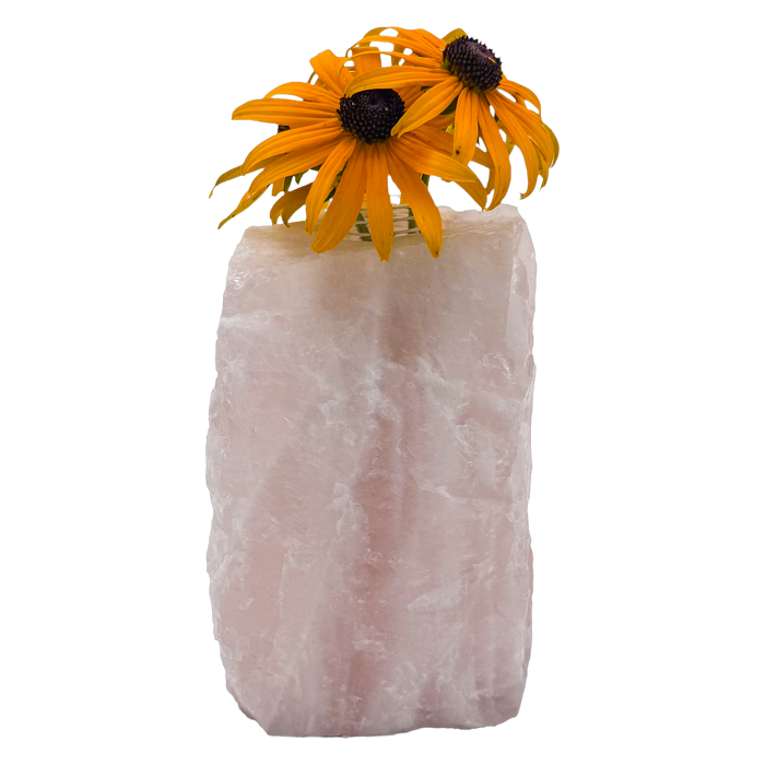 Rose quartz crystal vase in soft blush pink stone, A grade, Minas Gerais Brazil, view 1