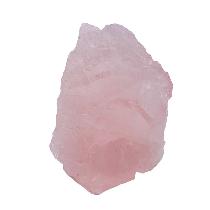 Single Rose Quartz specimen standing upright, its fractured faces catching light across a saturated pink body.