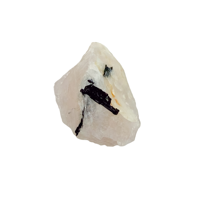 Reverse face of the even pink body, 128 g of rose quartz with tourmaline