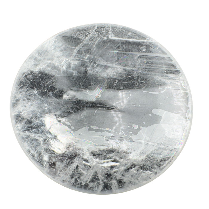 Selenite polished disc, translucent white gypsum with clear tabular laminations, AAA grade New Mexico, view 9