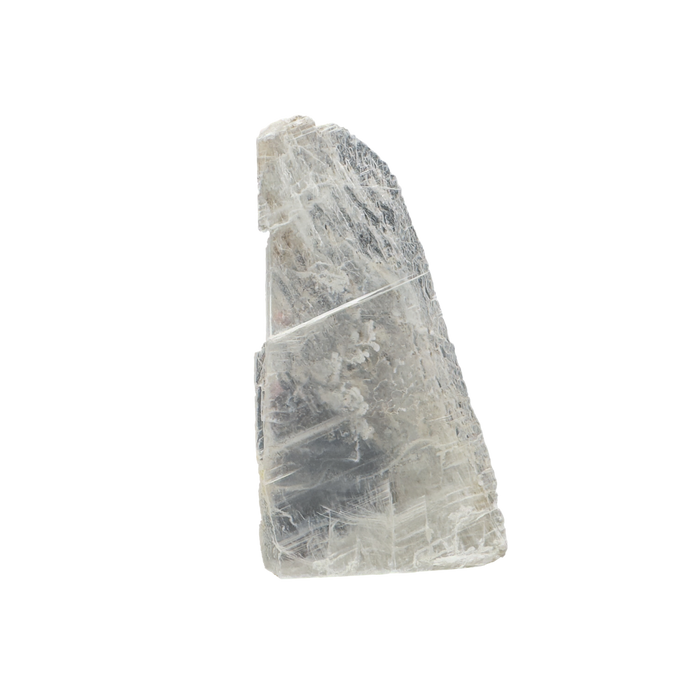 Selenite raw crystal standing slab, translucent white gypsum with satin fiber, AAA grade New Mexico, 0.61 lb, view 1