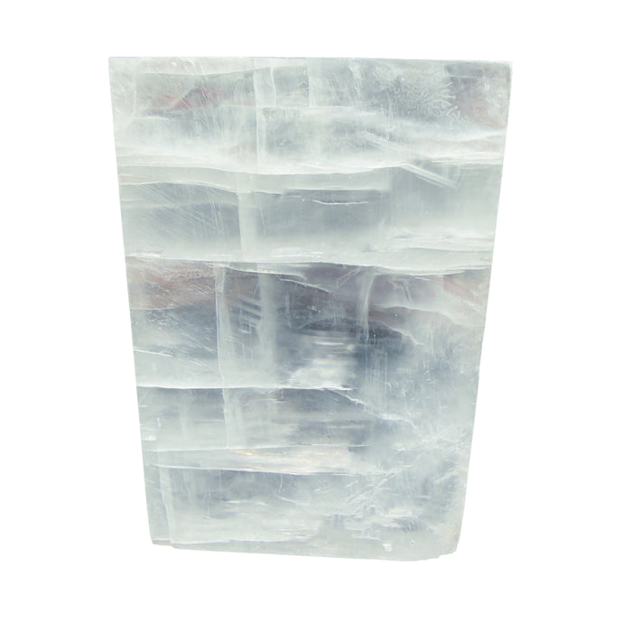 AAA grade selenite clearing block from New Mexico, front view, satin fibrous surface, 6.00 x 4.00 x 1.01 in, 1.99 pounds.