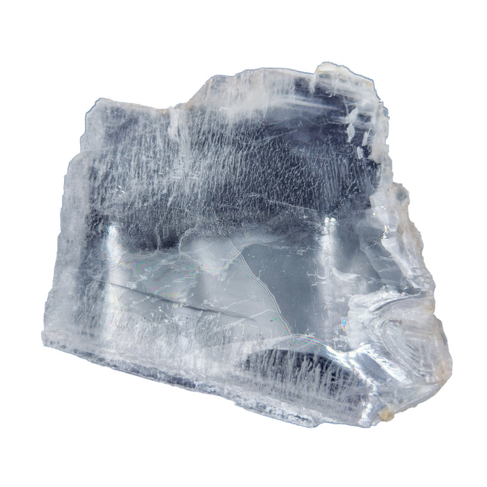 AAA grade selenite clearing slab from New Mexico, front view, satin fibrous surface, 5.86 x 5.93 x 0.35 in, 0.70 pounds.