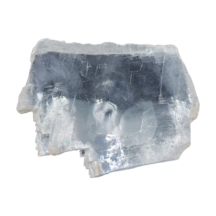 AAA grade selenite clearing slab from New Mexico, front view, satin fibrous surface, 5.61 x 4.01 x 0.42 in, 0.64 pounds.