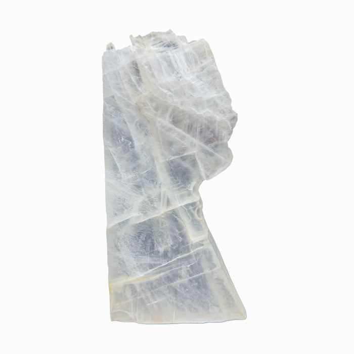 AAA grade selenite standing slab from New Mexico, front view, satin fibrous surface, 4.90 x 1.46 x 9.99 in, 3.39 pounds.