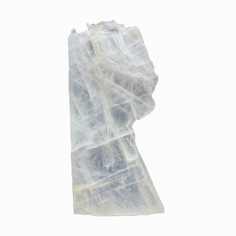 AAA grade selenite standing slab from New Mexico, front view, satin fibrous surface, 4.90 x 1.46 x 9.99 in, 3.39 pounds.