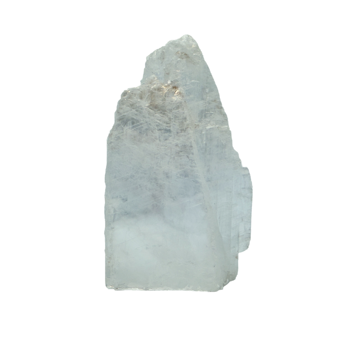 AAA grade selenite standing slab from New Mexico, front view, stepped blocky profile with a pale blue-white body with a touch of tan at the crown, 3.55 x 1.05 x 5.87 in, 1.09 pounds.