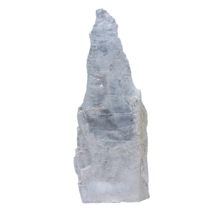 AAA grade selenite standing slab from New Mexico, front view, tall narrow spire with pale gray-white fiber running the full height, 3.75 x 1.28 x 9.80 in, 1.65 pounds.