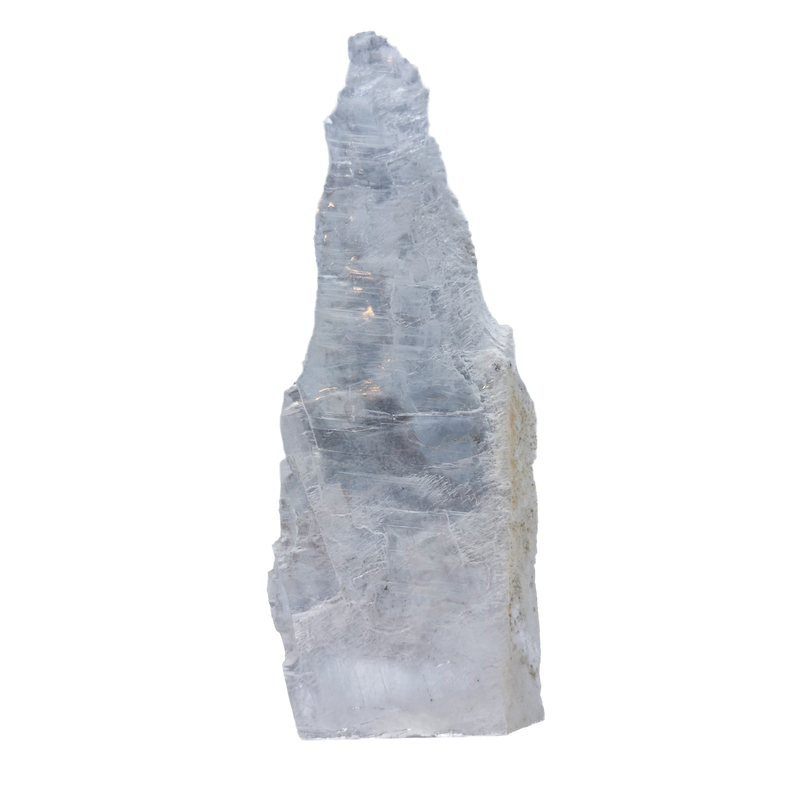 AAA grade selenite standing slab from New Mexico, front view, tall narrow spire with pale gray-white fiber running the full height, 3.75 x 1.28 x 9.80 in, 1.65 pounds.