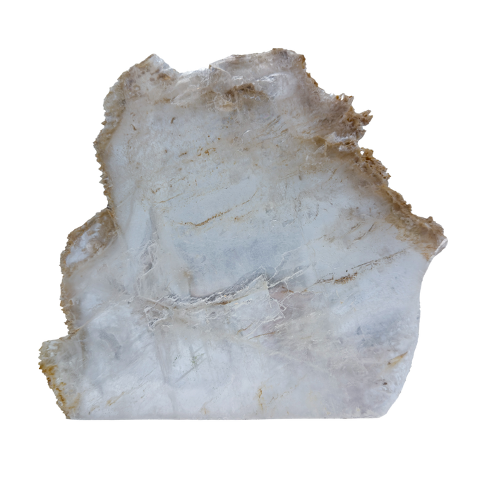 AAA grade selenite standing slab from New Mexico, front view, broad panel with a heavy ochre matrix crust along the top edge, 9.36 x 0.94 x 8.86 in, 4.23 pounds.
