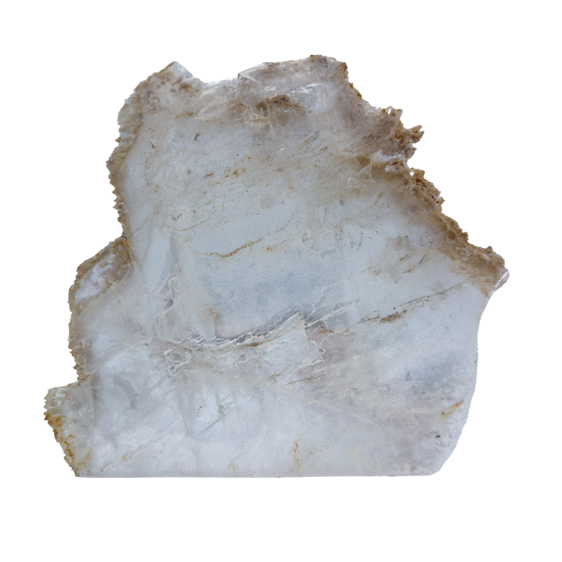 AAA grade selenite standing slab from New Mexico, front view, broad panel with a heavy ochre matrix crust along the top edge, 9.36 x 0.94 x 8.86 in, 4.23 pounds.
