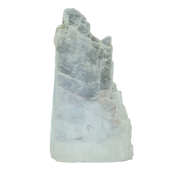 AAA grade selenite standing slab from New Mexico, front view, tall stepped column with pale blue-white fiber with clean vertical striations, 3.83 x 1.49 x 7.40 in, 2.32 pounds.