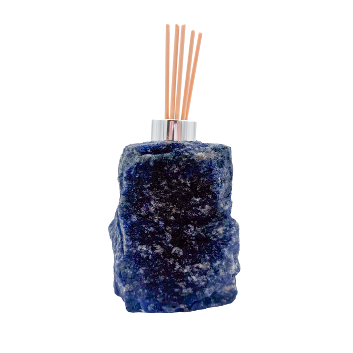 Sodalite reed oil diffuser from Brazil, deep royal blue stone with white calcite veining and chrome collar