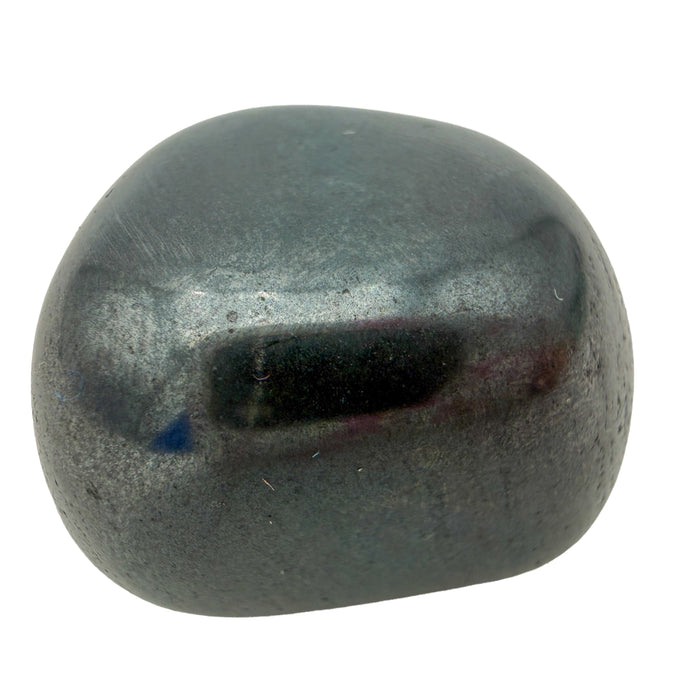 Hematite Tumbled Stones, AA Grade, Brazil: one tumbled stone on a white background, metallic gray with a rounded, boxy shape