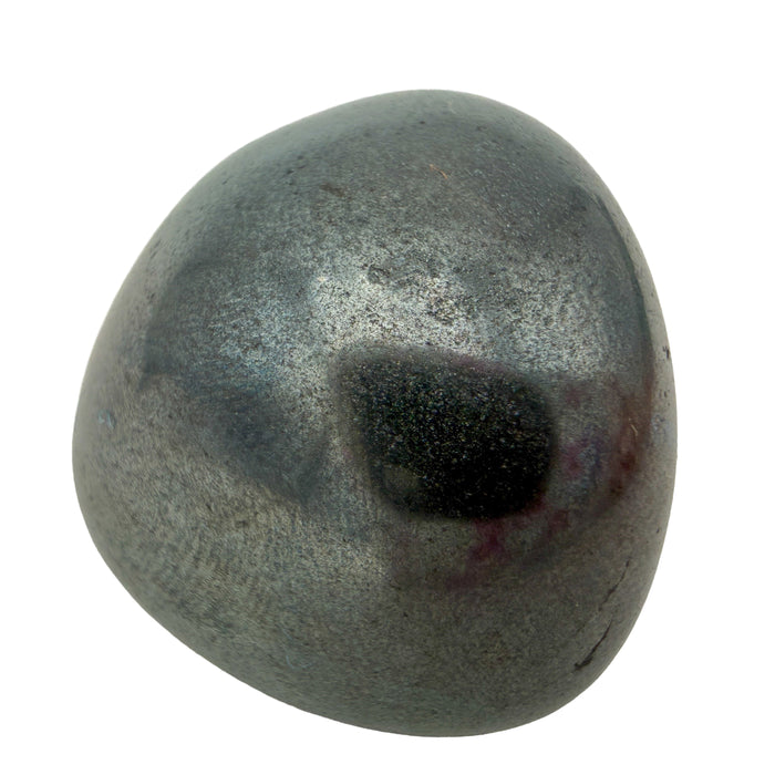 Hematite Tumbled Stones, AA Grade, Brazil: one tumbled stone on a white background, metallic silver gray with a dark polished face
