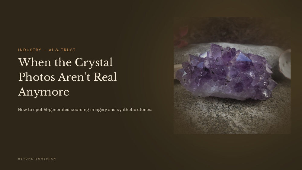 Real raw amethyst cluster on warm dark backdrop for article on AI-generated crystal imagery