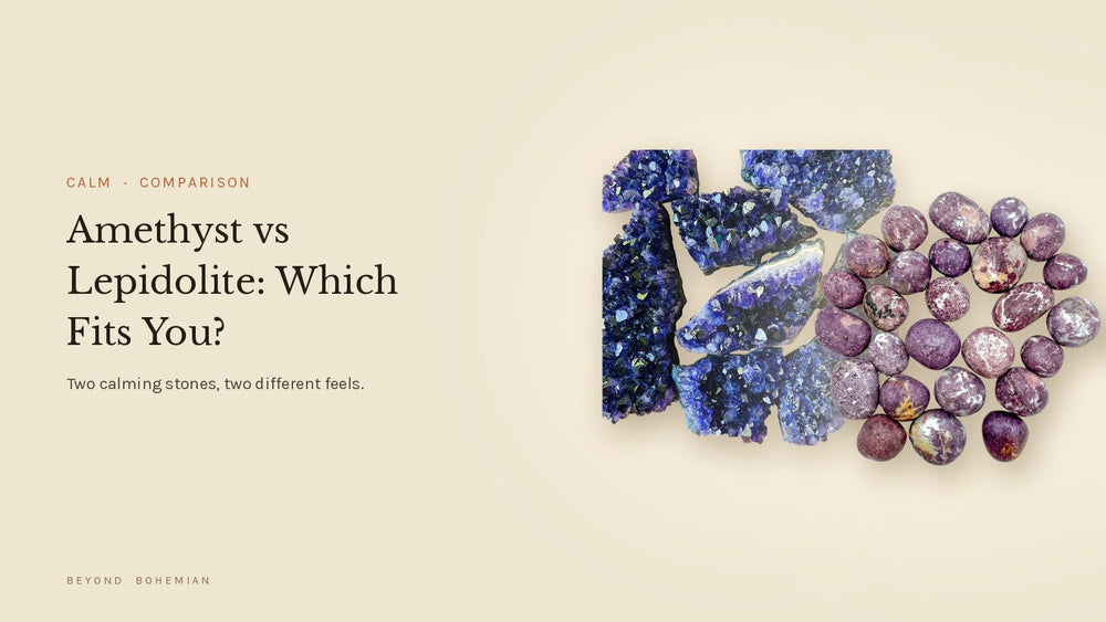 Amethyst and lepidolite isolated side by side on a warm linen backdrop for a calming-stones comparison