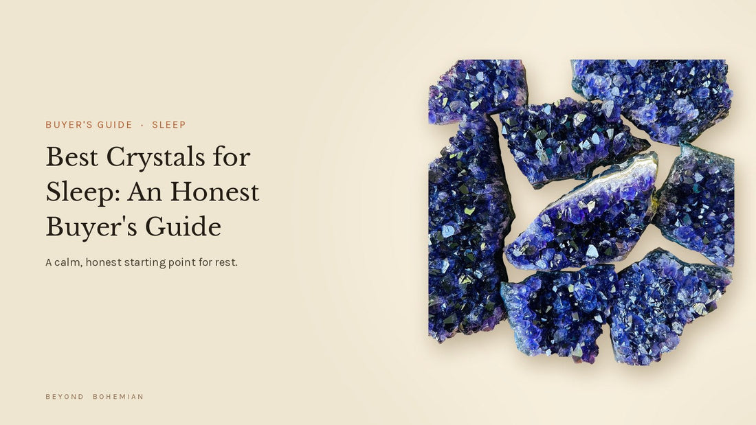 Amethyst cluster isolated on a warm linen backdrop for a beginner's buyer guide to crystals for sleep