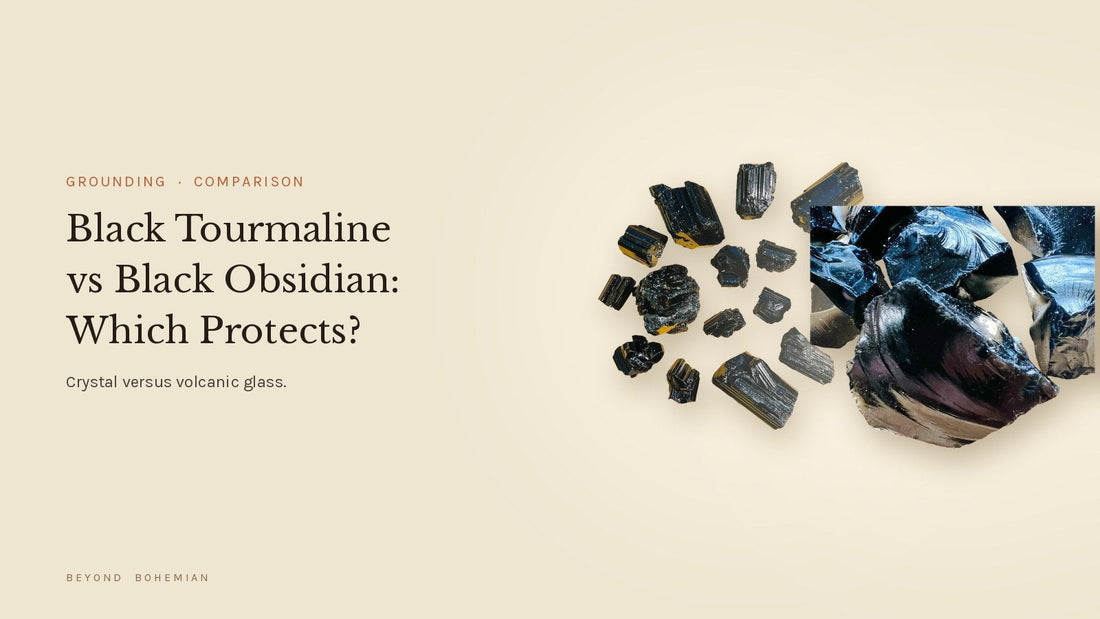 Black tourmaline and black obsidian isolated side by side on a warm linen backdrop for a grounding and protection comparison