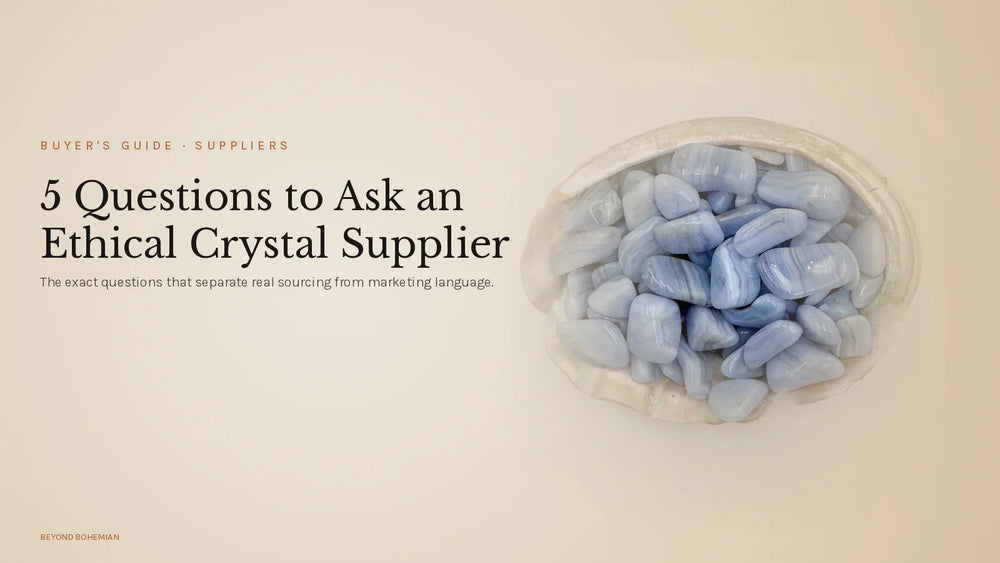 Tumbled blue lace agate on warm linen backdrop for 5 questions to ask ethical crystal supplier article