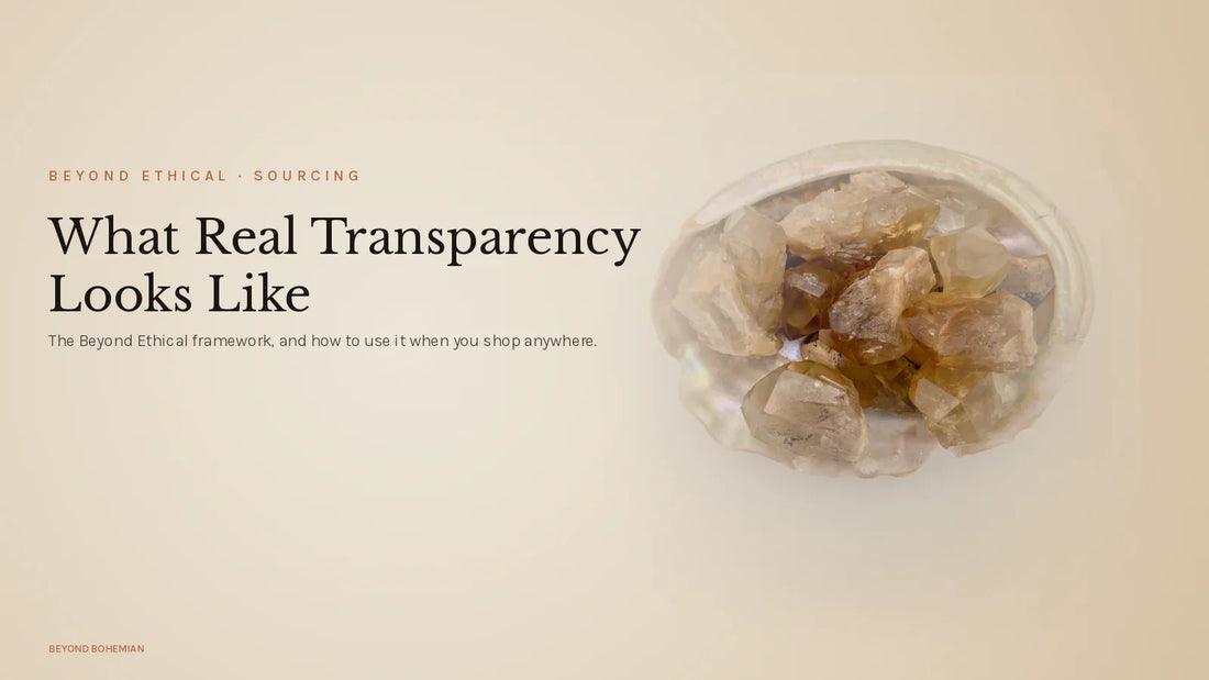 Raw natural citrine on warm linen backdrop for Beyond Ethical sourcing article